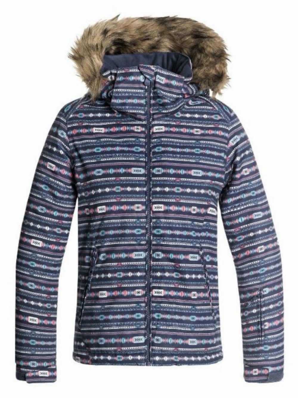 Roxy Girls Blue Tribal Aztec Print Fur Trim Hooded Jacket Coat NEW L 12 $140